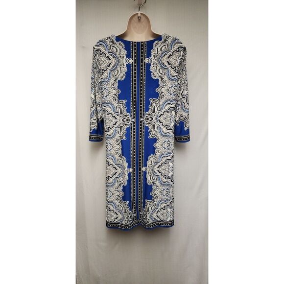Studio One Shift Paisley Floral Stretch Dress Women Size Large Color Blue White - Picture 5 of 7